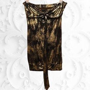 Black/Gold Strapless Long Form Fitted Top With Cut Outs In Back Front Long Tie